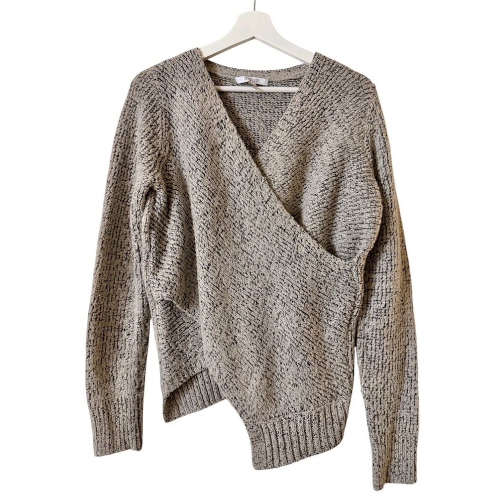 Derek Lam 10 Crosby Wool Blend Marled Taupe Black Knit Crisscross Wrap Sweater S